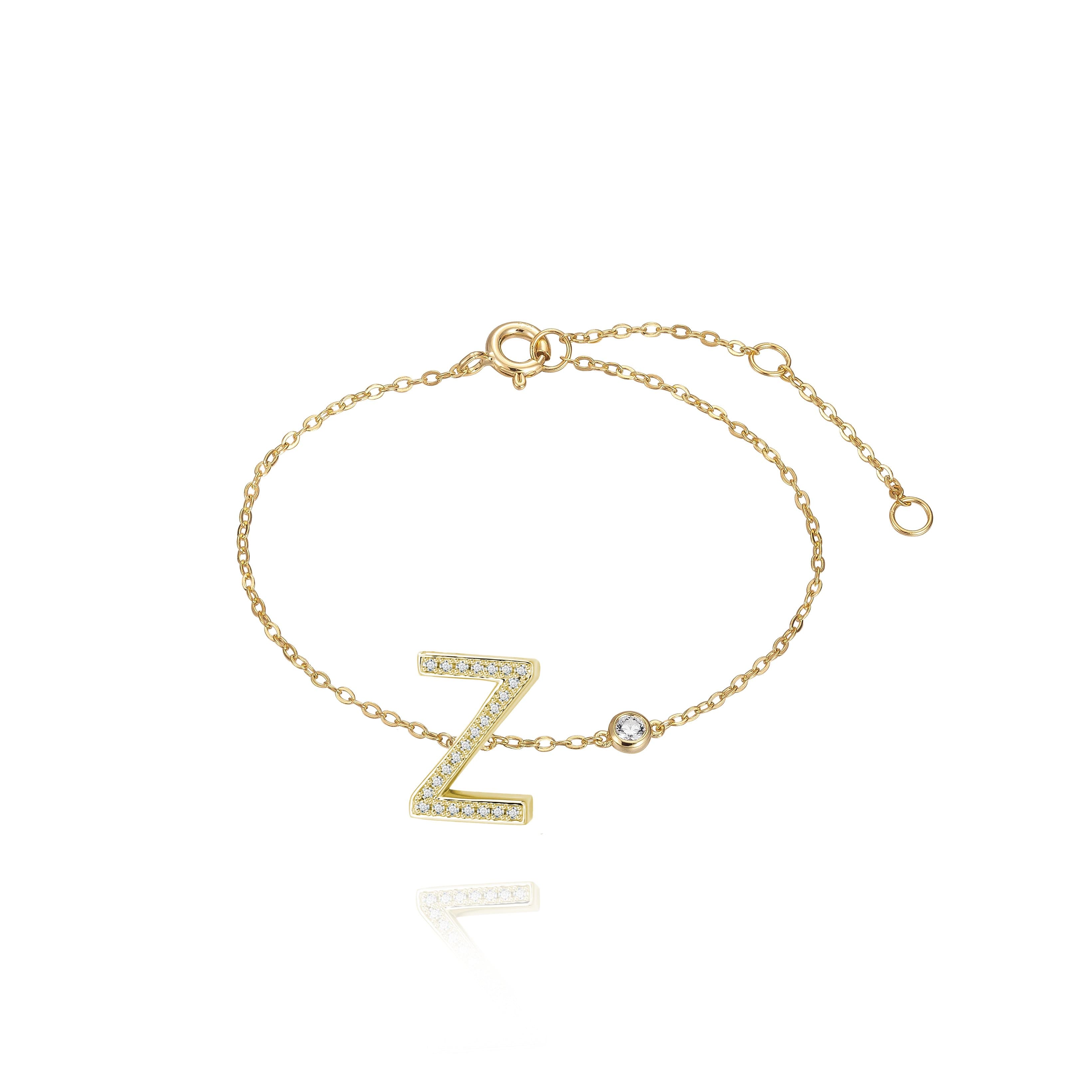 Z Initial Bezel Chain Bracelet Adjustable Size 5.5 - 8 (Additional Sizes Available by request) / White Topaz / 24K Yellow Gold Vermeil